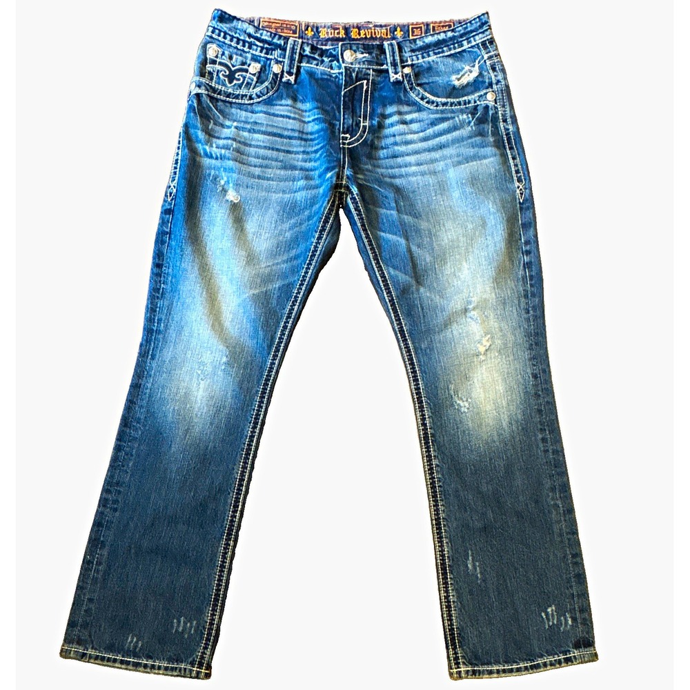 Rock Revival Men's Blue Medium Wash Straight Fit Distressed Denim Jeans 36